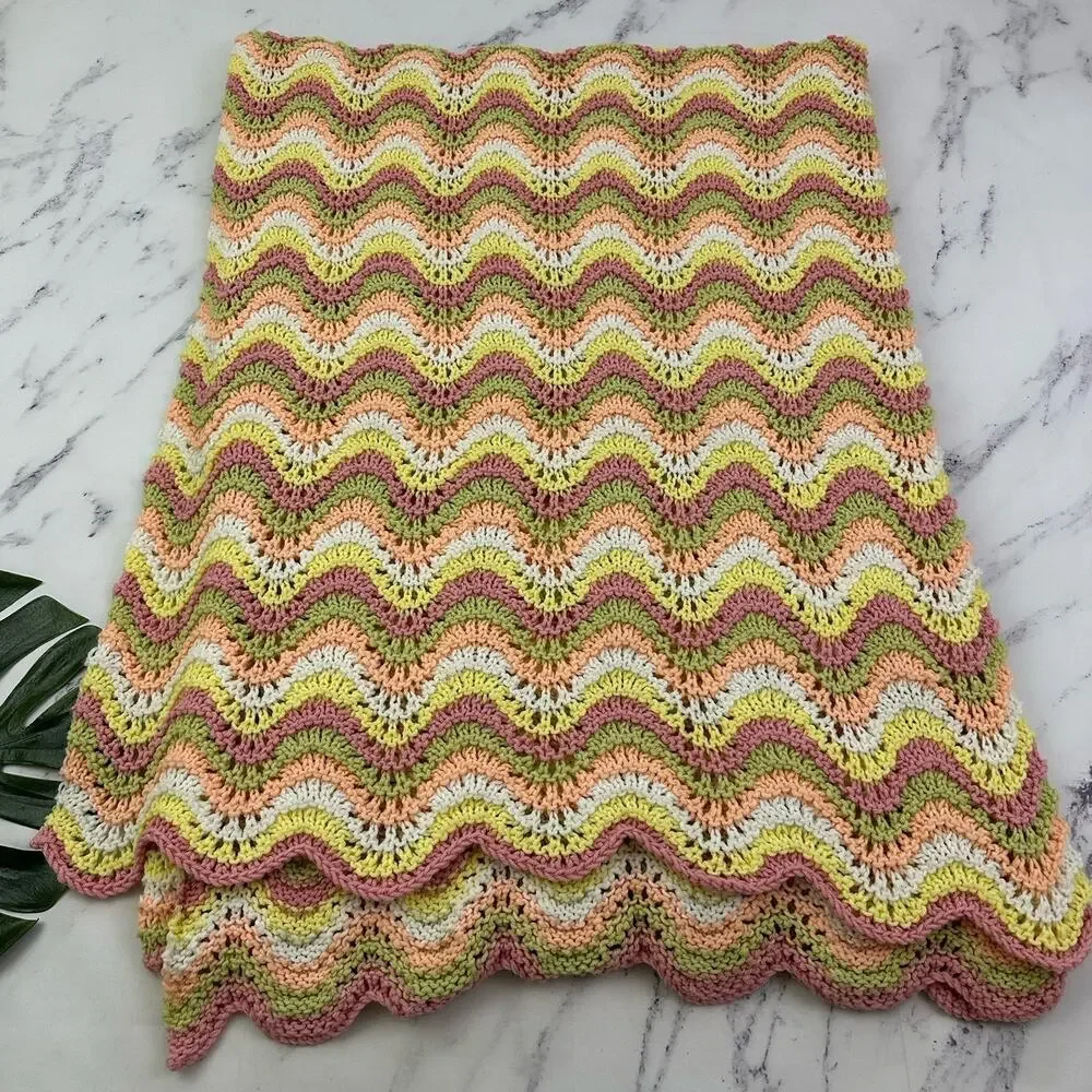 Vintage 80s Handmade Crochet Throw Blanket Pink Yellow Scallop Stripe Cottage